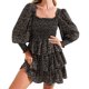 thumbnail image 1 of Vestido corto negro con volantes, escote cuadrado, falda fruncida y espalda descubierta con lazo, talla S, 1 of 6