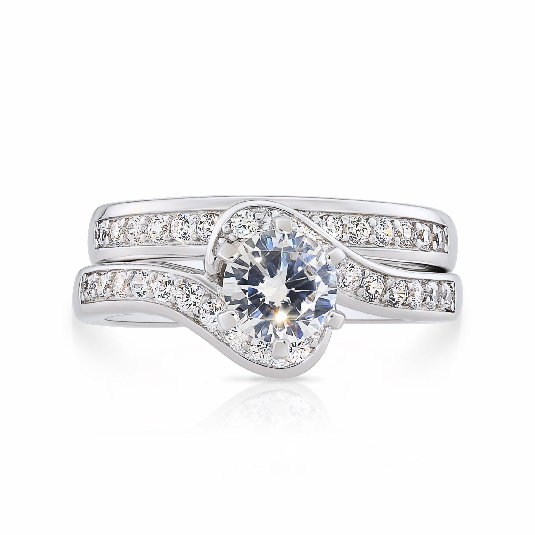 Tilo Jewelry Solid 925 Silver Engagement Ring with 2 Carat Total Round Brilliant Cut Cubic Zirconia Stones | Size 7