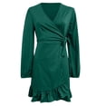 thumbnail image 7 of Fall Dresses for Women 2025 Long Sleeve V Neck Lace up Wrap Dress Solid Color Casual Ruffle Knee Length Cocktail Dress, 7 of 7