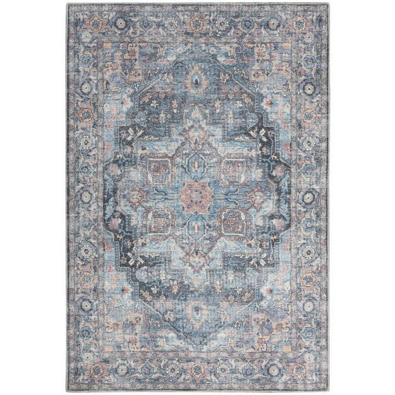 6' X 9' Light Blue And Orange Medallion Distressed Washable Area Rug