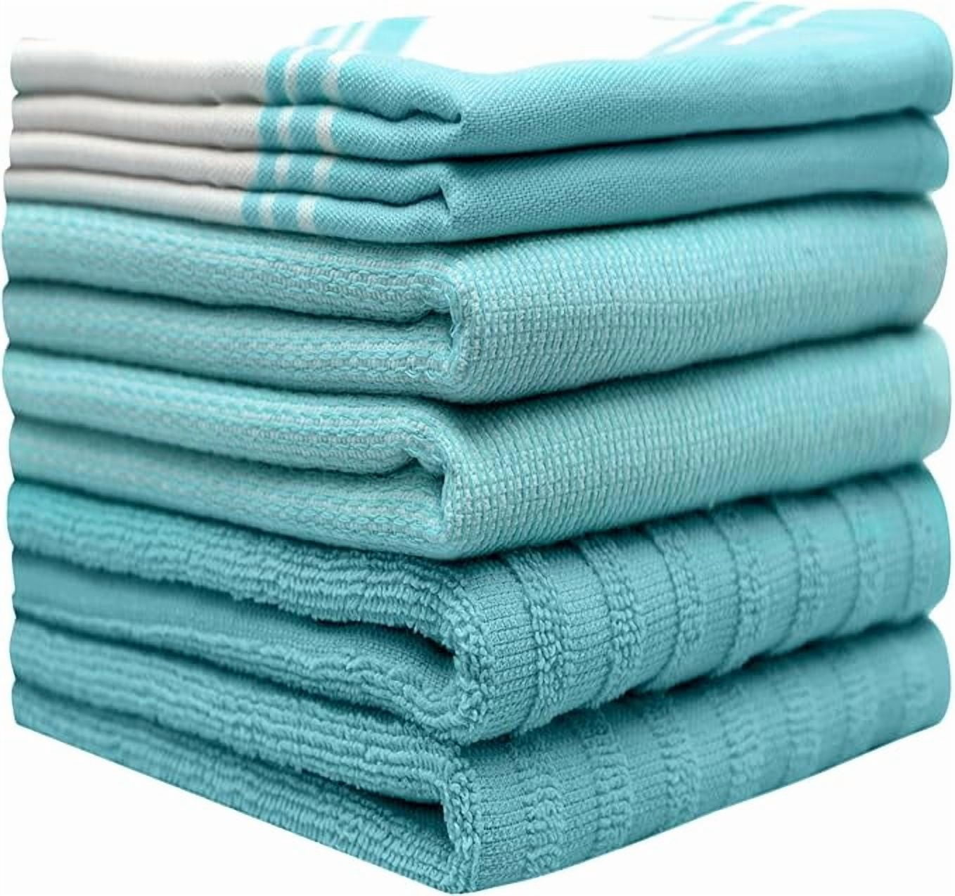 Premium Kitchen Towels (20”x 28”, 6 Pack) – Large Cotton Kitchen Hand Towels – Vintage Striped Flat & Terry Towel – Highly Absorbent Tea Towels Set with Hanging Loop – Aqua