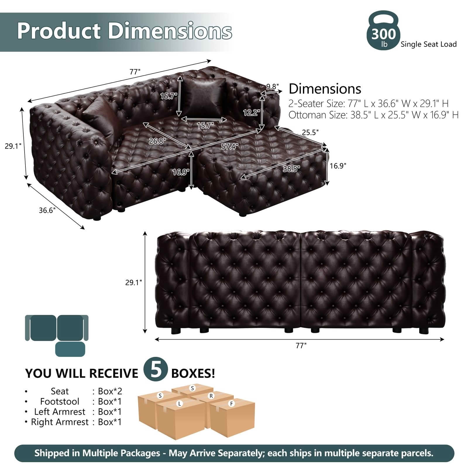 MAYEERTY 77 Inch Faux‑Leather 2‑Seat Modular Sofa Set, Handcrafted Button Tufted Couch with Ottoman & 2 Pillows for Living Room & Small Apartment