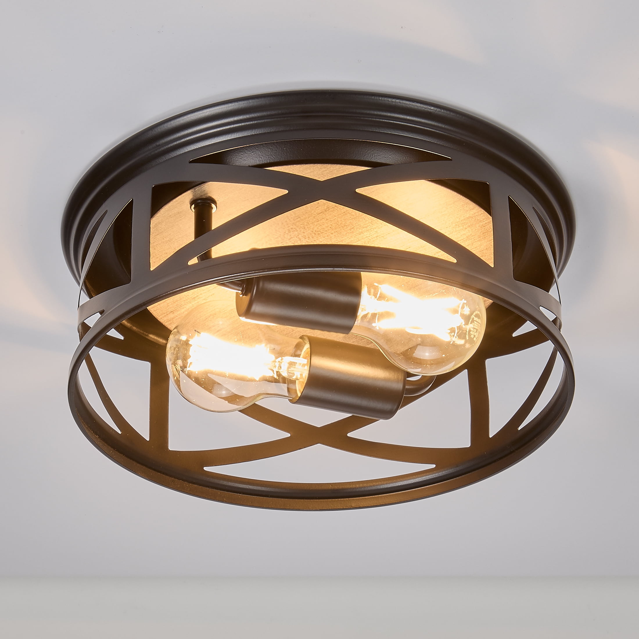 Maxxima 11 in. 2-Light Indoor / Outdoor Flush Mount Ceiling Light, Round Black w/ Wood Grain Farmhouse Fixture, Bulbs Not Included