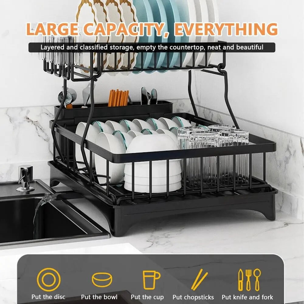 2 Tier Dish Drying Rack with Drain Board, Carbon Steel Countertop Dish Drainer for Kitchen Sink, Free Standing Black Dish Rack for Plates Bowls Cups Utensils