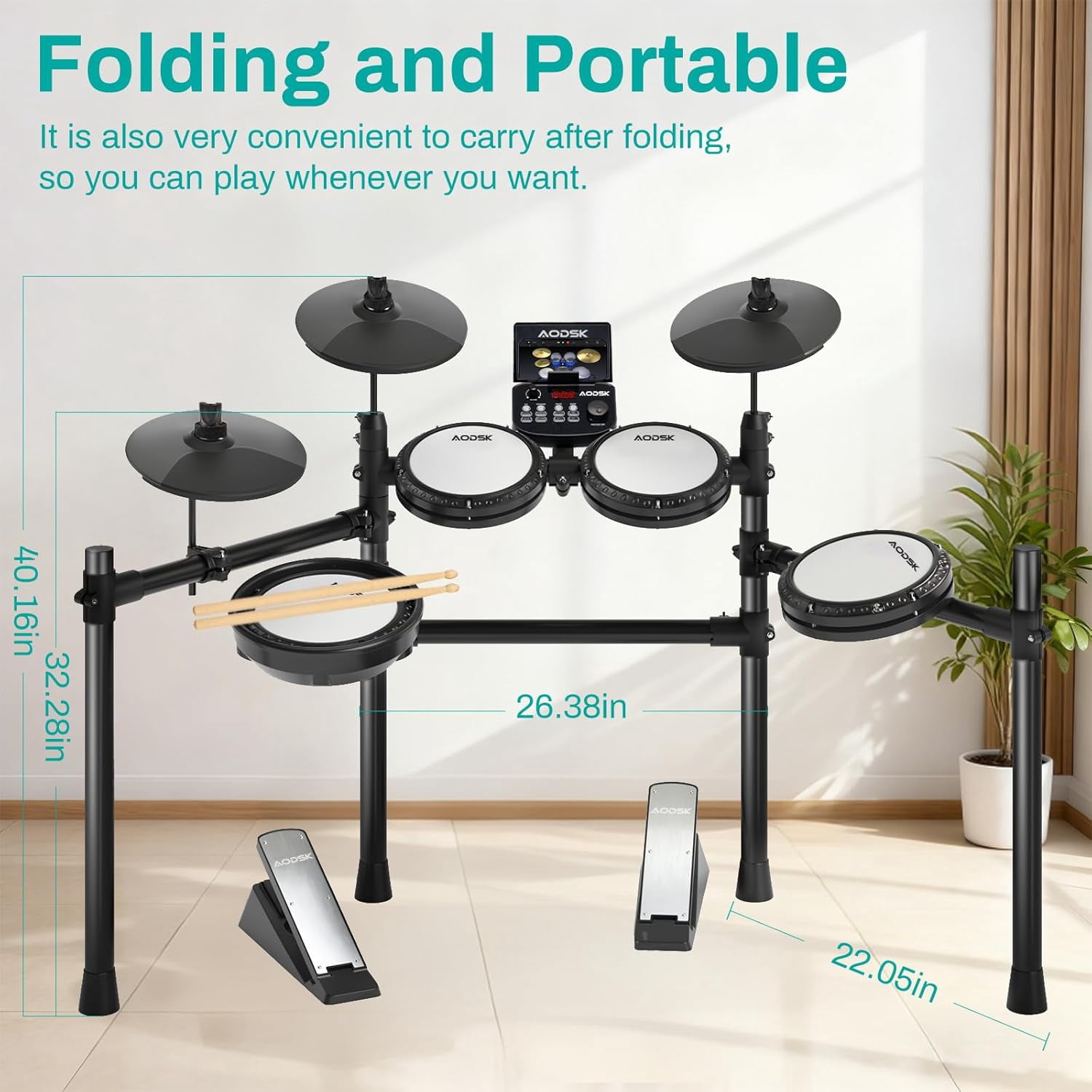 AODSK Electronic Drum Set 403PRO, Quiet Mesh Pads, 260 Sounds, 30 Kits, 20 Songs, with Sticks, Headphones, Throne, for Beginner