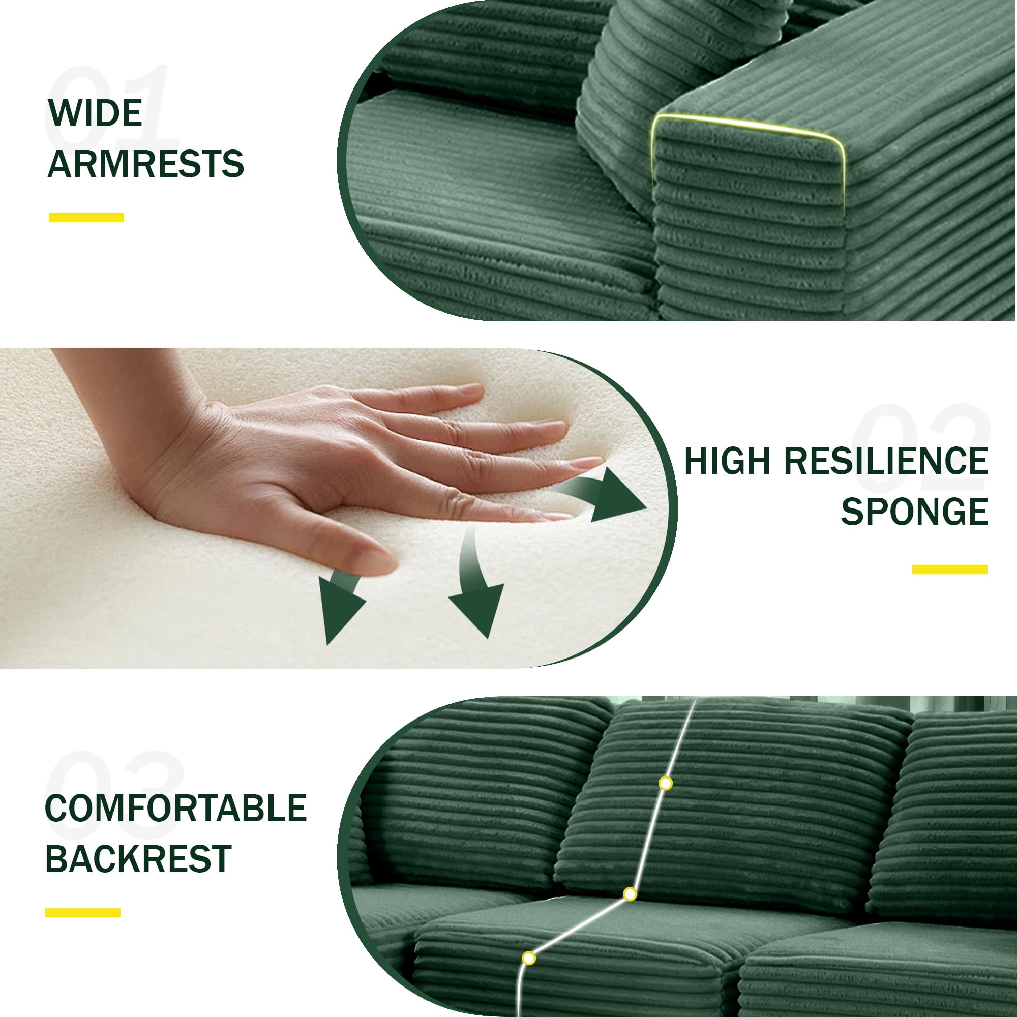 MAYEERTY Corduroy Sectional Couch, Comfy Modular Compression Sofa for Apartment & Living Room, 104×67" Green