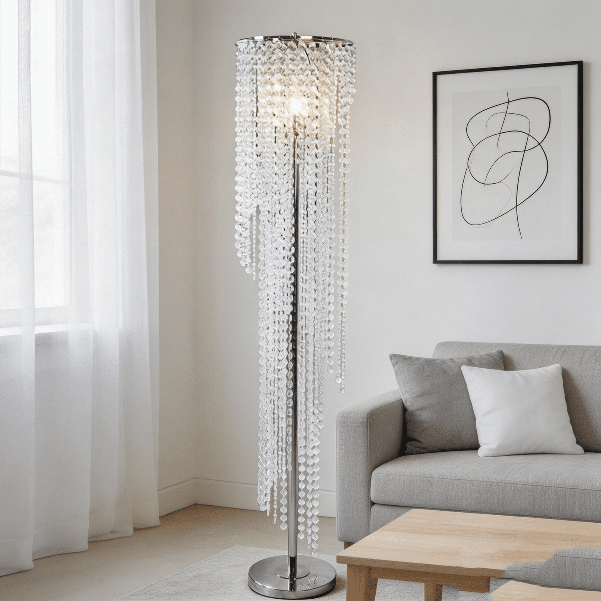 JERFIT Modern Crystal Floor Lamp for Living Room, Chrome Finish with Glass Beads, Tall Standing Lamp for Bedroom, Ambient Light with Refractive Crystals, UL Listed