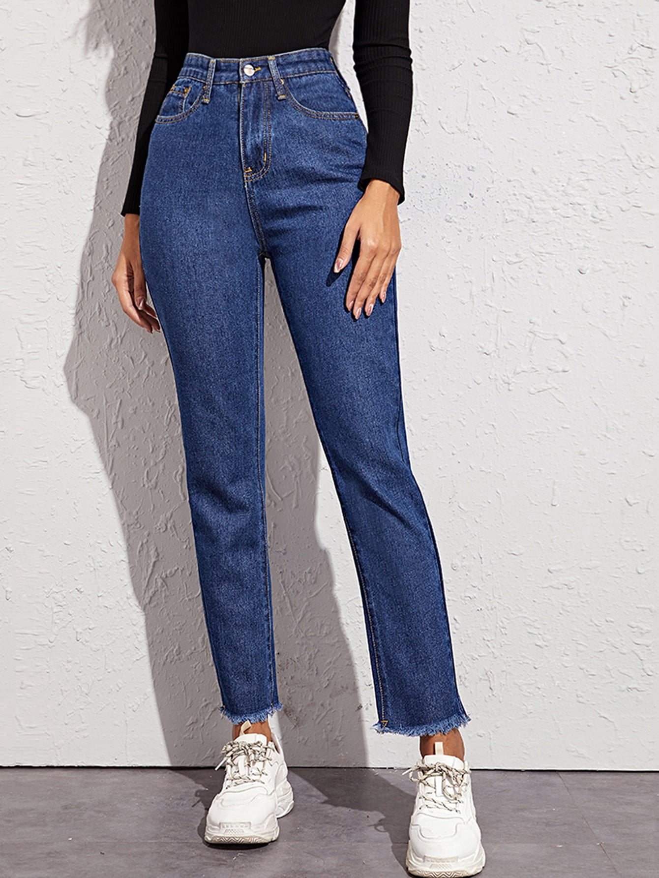 High Waisted Raw Hem Straight Leg Jeans 