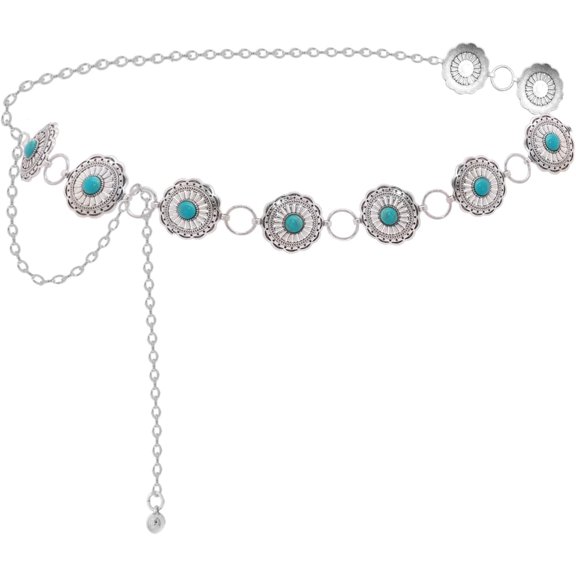HLSOHJP Metal Western Country Chain Belts for Women Waist Chain Belt Silver Turquois Concho Belts for Dresses Jeans