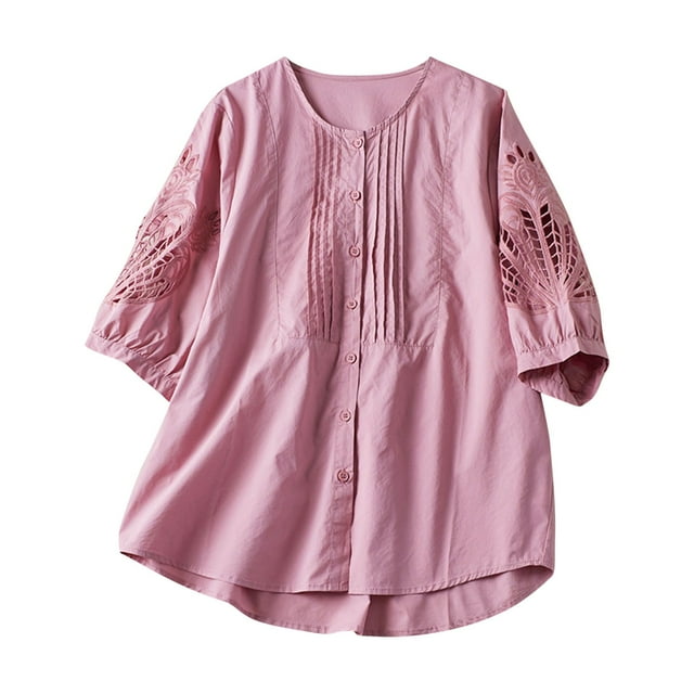 Women's Spring Summer Solid Color Hollow Out Embroidered Casual Loose T-Shirt, Short Sleeve Round Neck Button Linen Blouse, Lightweight and Breathable, Perfect for Warm Weather and Everyday Wear