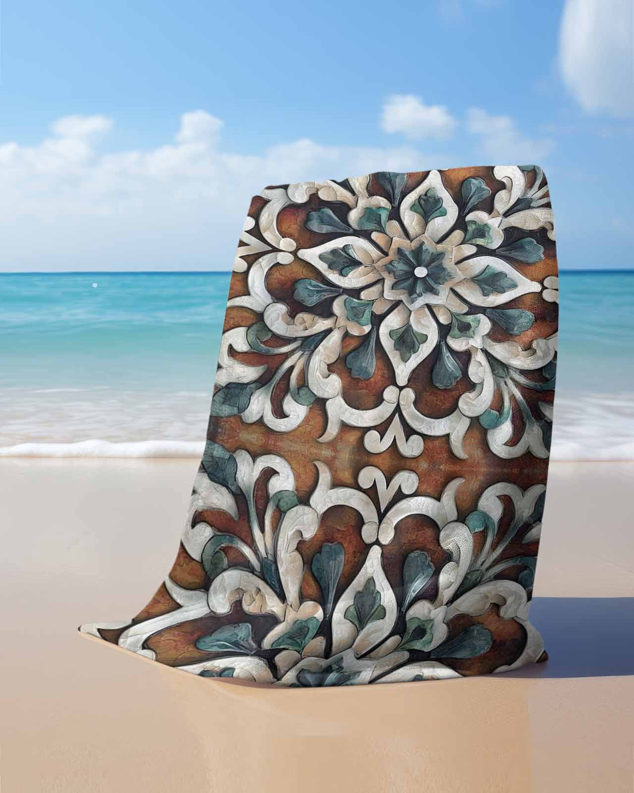 Brown Teal Boho Beach Towels Oversized Super Absorbent, Ethnic Rustic Abstract Flowers Lightweight Bath Towel Quick Dry Sets For Bathroom/Pool/Rv Camping/Beach Play/Gym Room/Picnic 23"x47"