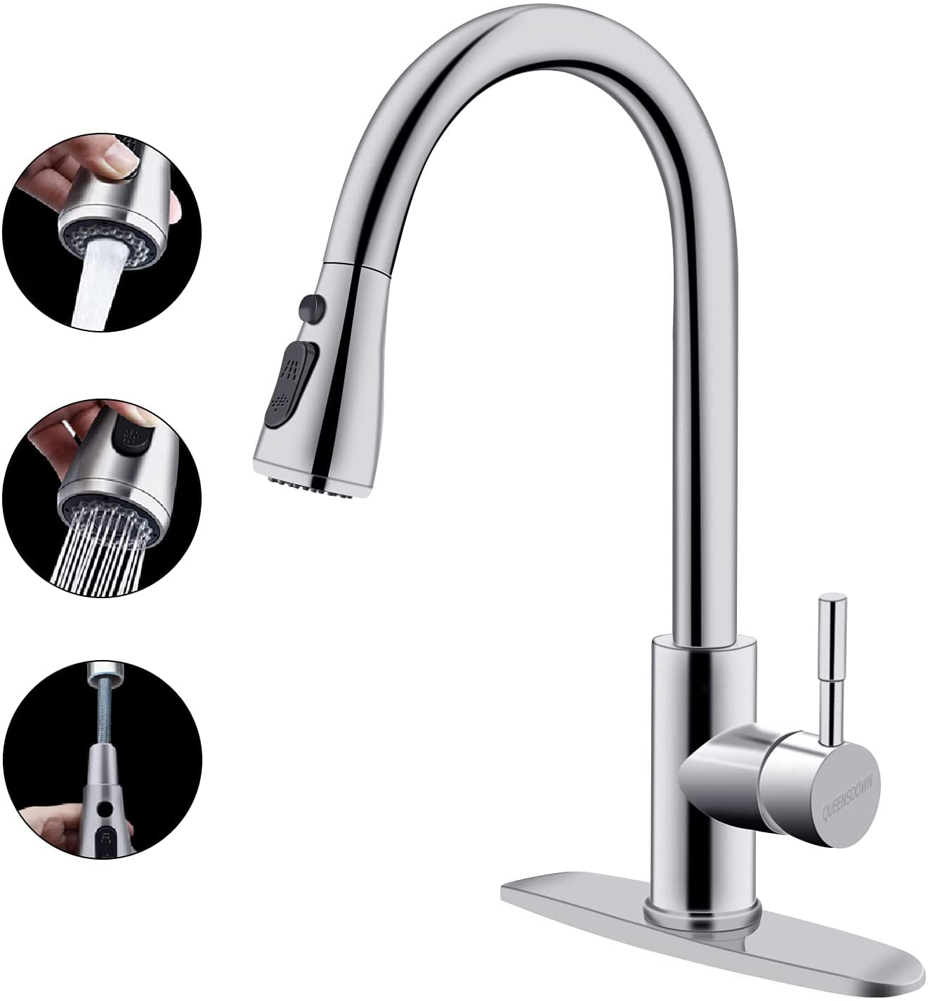 Stainless Steel Kitchen Faucet, High Arc Single Handle Pull Out Brushed