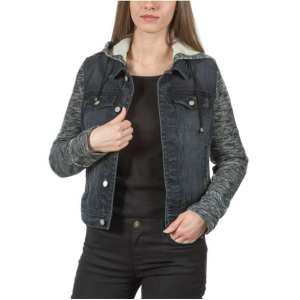 Black Rivet Women's Button Closure Hooded Denim Jacket (Distressed Black,  Medium) - Walmart.com