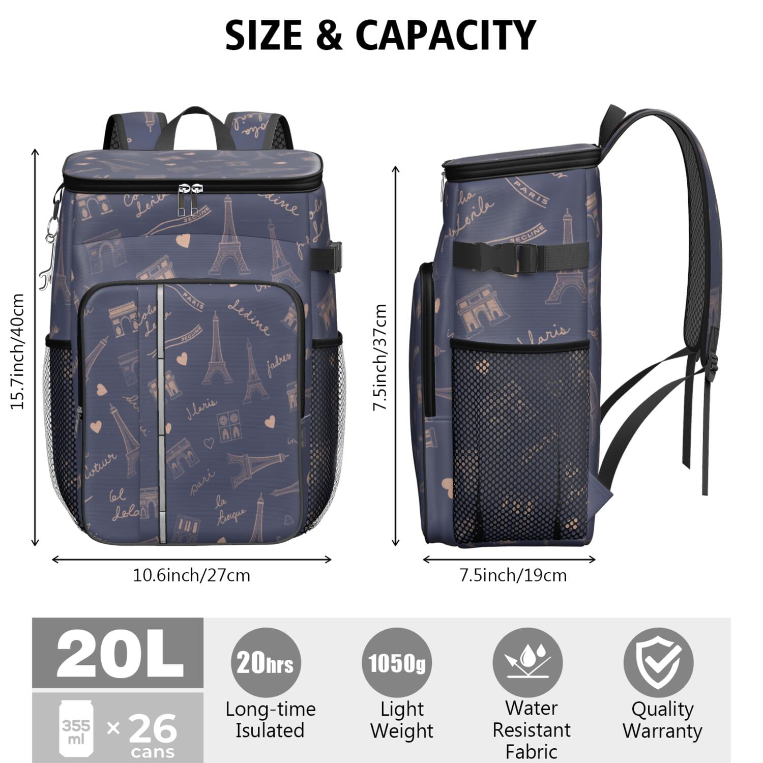 Cooler Backpack Portable Backpack Coolers for Men & Women,Eiffel Tower Drink Beverage Beer Bag Cooler for BBQ Camping Beach