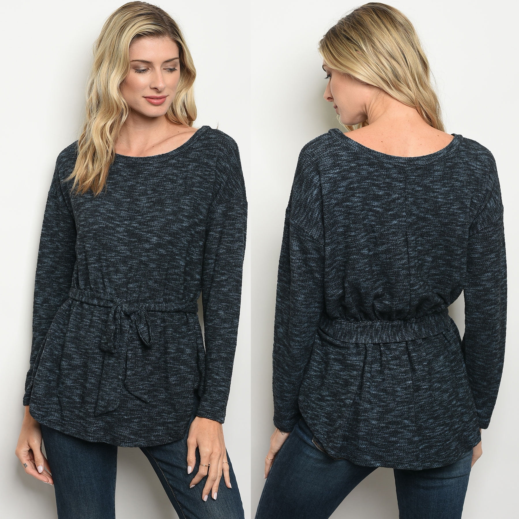 JED FASHION Women's Slub Knit Long Sleeve Top with Waist Tie