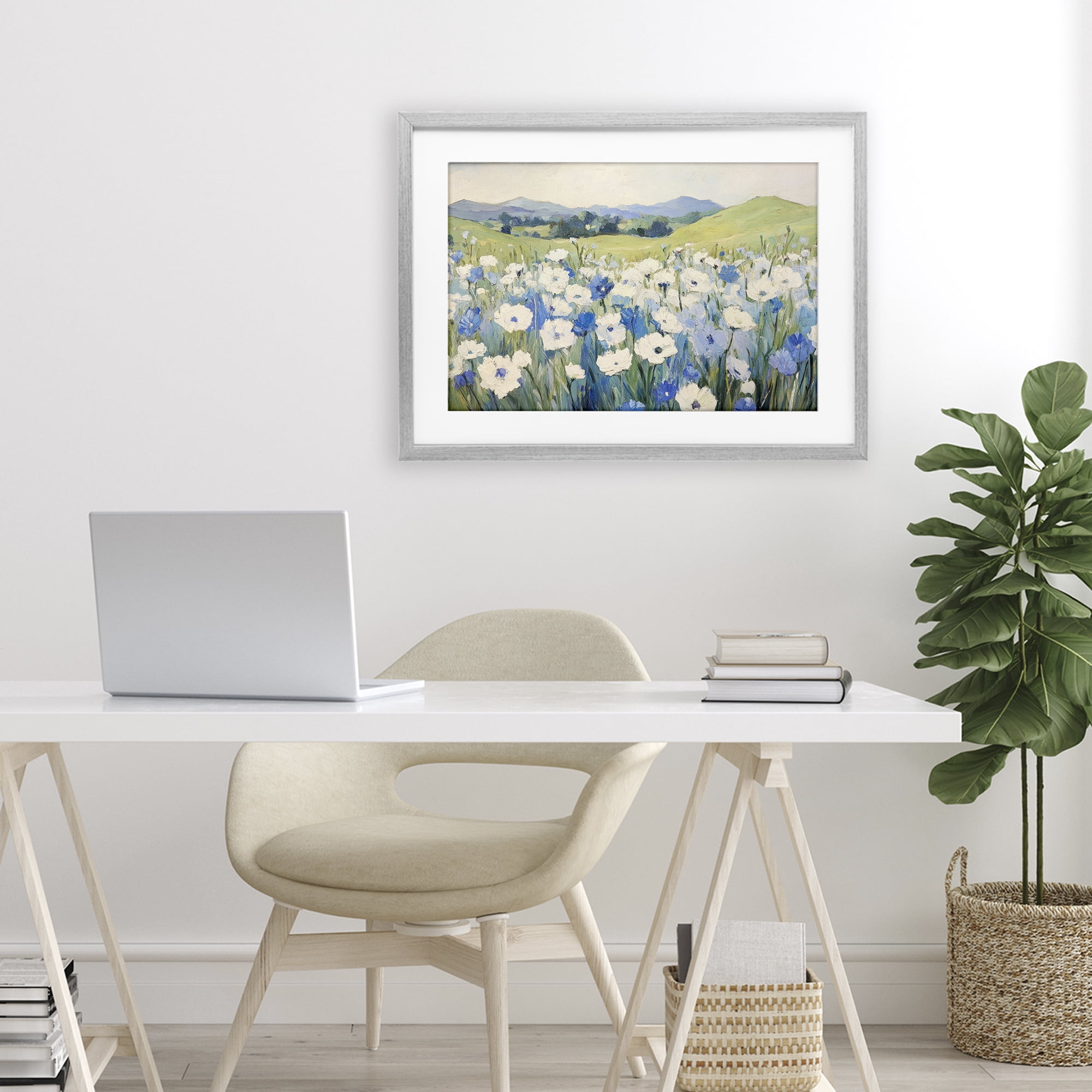 Stupell Industries Blue & White Daisies Gray Framed Print Under Glass, design by Petal Prints Design
