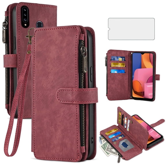 Asuwish Kickstand Hard Shell Wallet Cell Phone Case with Tempered Glass Screen Protector for Samsung Galaxy A20S, Red