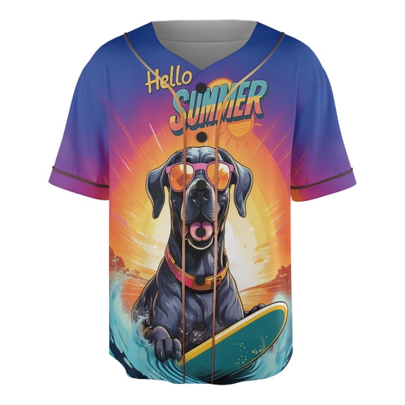 Retro Surfing Great Dane in Cool Sunglasses Hello Summer Waves All Over Print 3D Baseball Shirt Danes Dog Lover Gifts Softball Sport - 10001