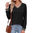 thumbnail image 2 of MOSHU Plus Size Color Block T Shirts for Women V Neck Long Sleeve Womens Shirts Loose Fall Tops with Pocket, 2 of 10