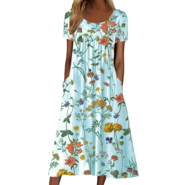 DEBGFS Robes d'Été pour Femmes Boutonnées avec Poches Grande Taille Boho Décontractée Longue Robe Maxi Imprimé Floral Manches Courtes Col en V Longueur sous le Genou Évasée Ligne A Maison Ample Robes Soleil,22#bu2,m