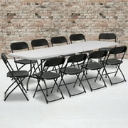BizChair 8' Bi-Fold Granite White Plastic Event/Training Folding Table Set with 10 Folding Chairs