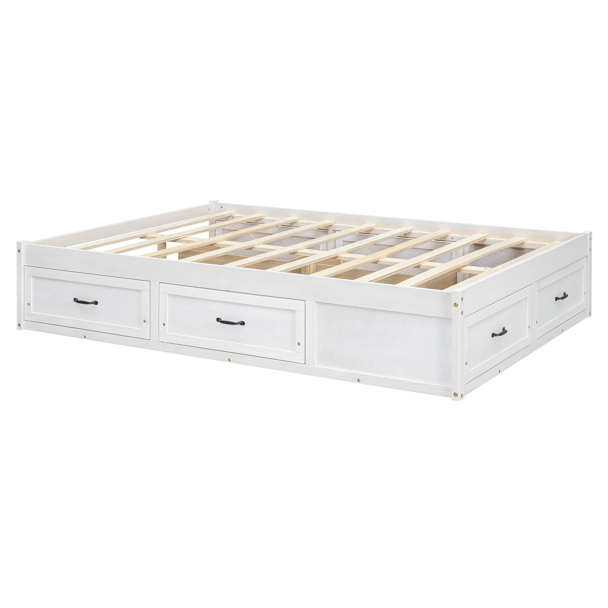 Euroco Wood Full Size Platform Bed with 6 Drawers for Kids Teens Adults, Antique White