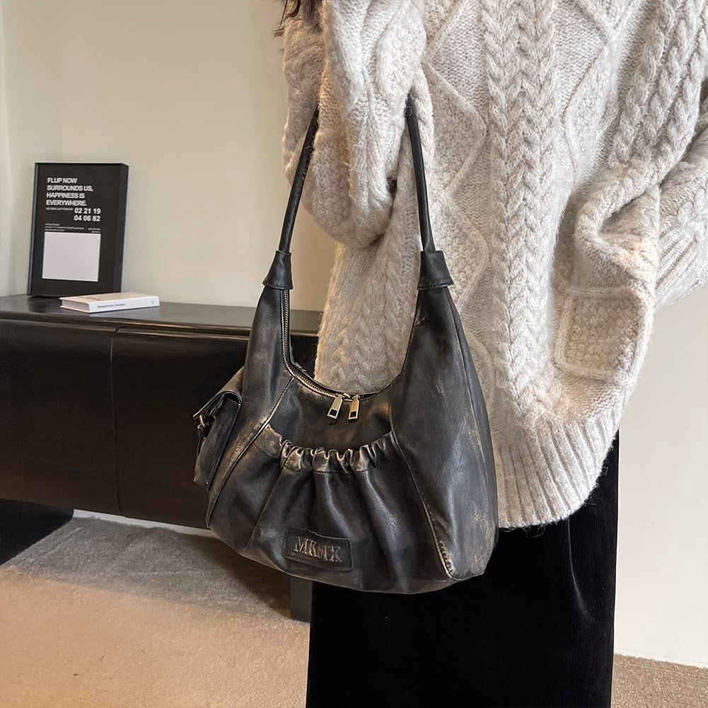 CAILDANL Hobo Bag Washed Leather Tote Bag Retro Crescent Shoulder Bag Y2K Aesthetic Grunge Bag Purse for Women