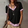 thumbnail image 2 of Craaazy Short Sleeve Tops for Women Plus Size Relaxed Color Block V Neck Short Sleeve T-Shirt Curved Hem for Daily Casual Outings, 2 of 9