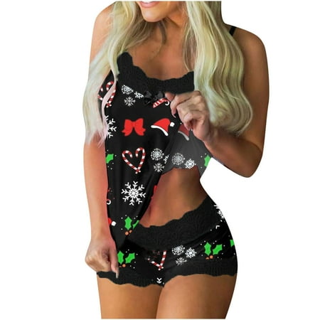 

Women Christmas Sexy Lingerie Bicycle Print Pajamas Sleeveless Lace Cami Shorts Pajama Set Black M