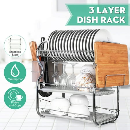 Meigar Dish Drying Rack 3-Tier Chrome Plating Dish Rack Stainless Steel Kitchen Dish Drainer Rack Organizer With Utensil Holder/Drain Board/Cutting Board