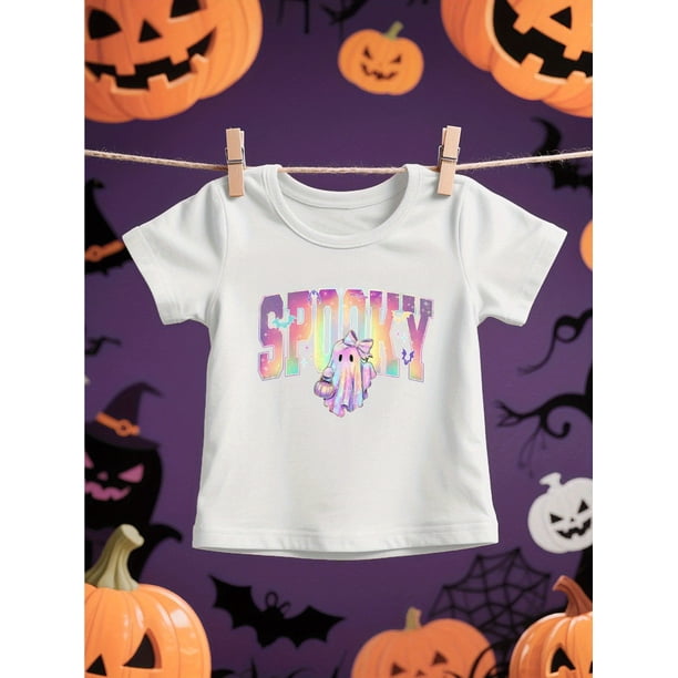 Happy Halloween Cute Ghost Print Girls' Summer Cute Cartoon Fun Letter T-Shirt, Casual Round Neck Short Sleeve Knit Top for Kids, Suitable for Big and Small Children