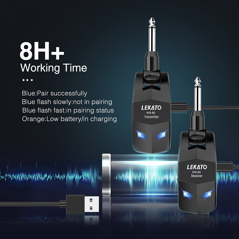 LEKATO Wireless Guitar System 2.4GHz Transmitter Receiver 100 Feet with 4 Channels Built-in Rechargeable Li-ion Battery