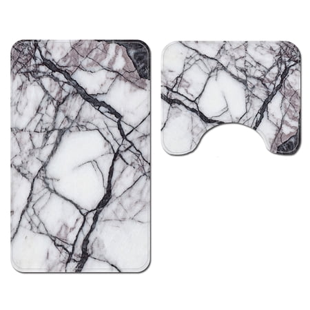 2 Pcs Set Gray Marbling Bath Rugs Contour Toilet Mat Non Slip Backing Water Absorbent Bathroom Rug Machine Washable