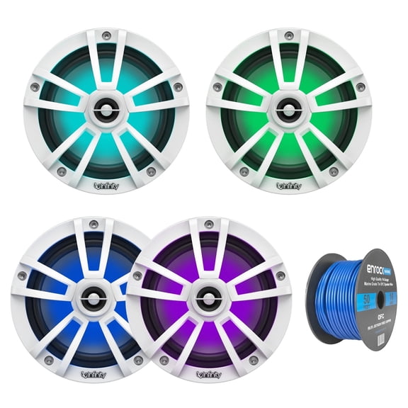 4x Infinity Reference 6.5" Coaxial Waterproof Marine Boat LED Speakers - White, with Enrock 16-G 50 Ft Tinned Wire