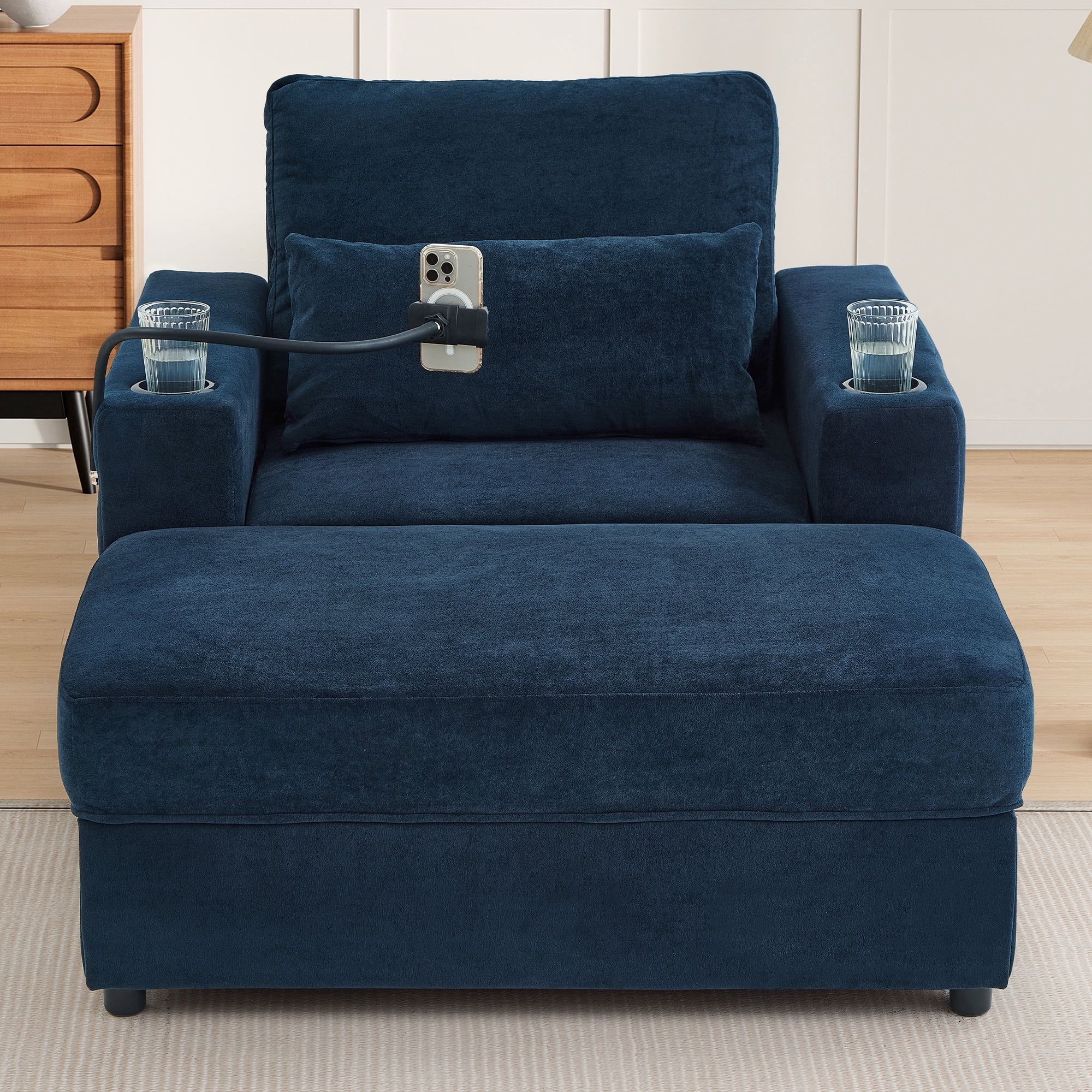 Euroco Convertible Chenille Recliner Chair with Storage Ottoman, USB Ports, Cup Holders & Phone Stand – Sleeper Armchair with Adjustable Backrest for Small Spaces
