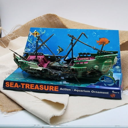 HONITANO Water Tank Decoration Aquarium Fish Tank Ship Boat Green Plastic 1Pcs 9.4x2.4x5.1in