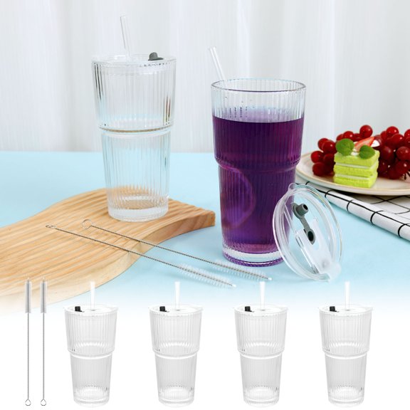 Ikoopy 4 Pcs Ribbed Glass Tumblers with Lids and Glass Straws Stylish Ribbed Glass Cups Versatile Drinkware Set for Iced Coffee Smoothies Cocktails and Juices