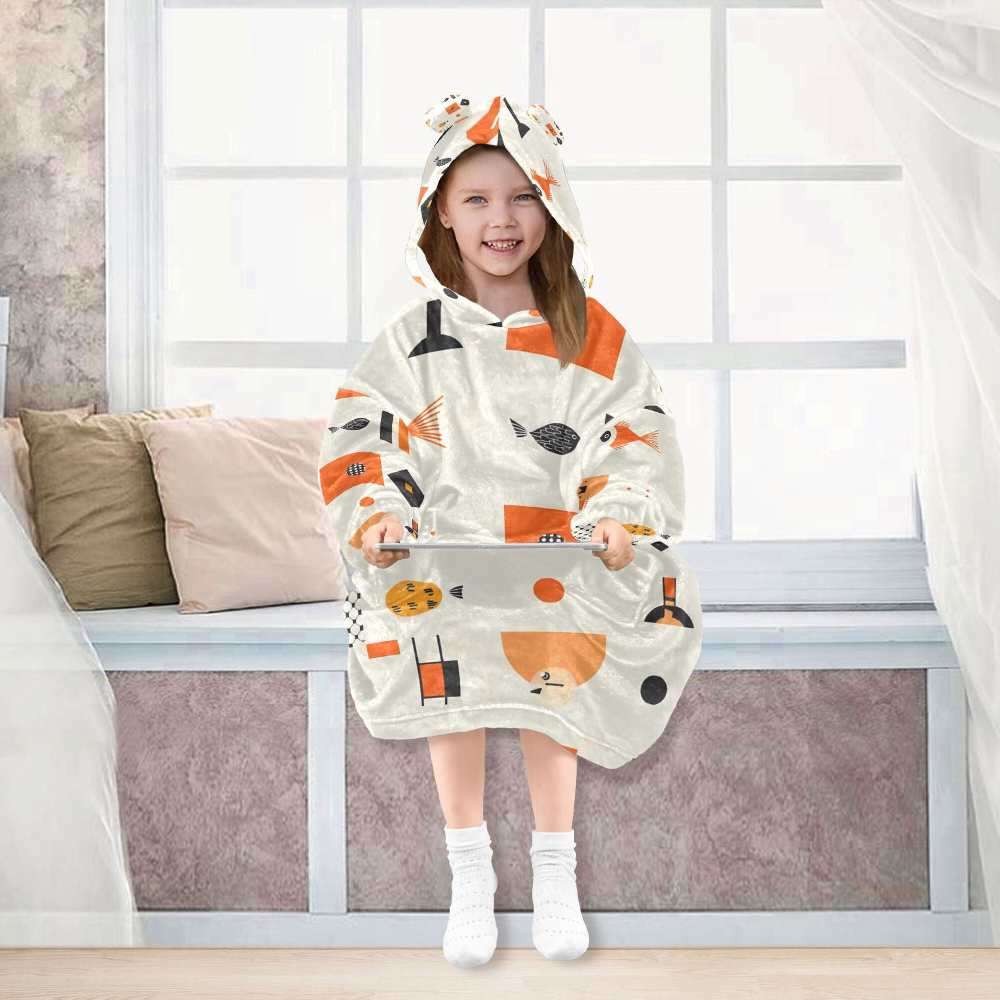 FORMRS Wearable Blanket Hoodie with Sleeves for Kids Cozy Flannel Sweatshirt, Minimalist Geometric Pattern