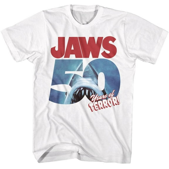 Jaws 50 Years of Terror Men's T Shirt (White, AdultS)