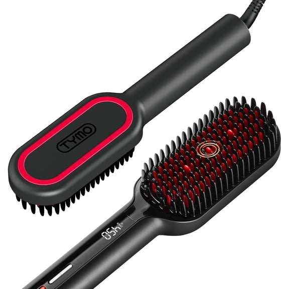 Hair Straightener Brush - Upgraded Ionic Plus Straightening Brush with Dense Bristles, 16 Temps, Dual Voltage | Ceramic Hot Comb for Women | Flat Iron for Thick Curly Hair, Black