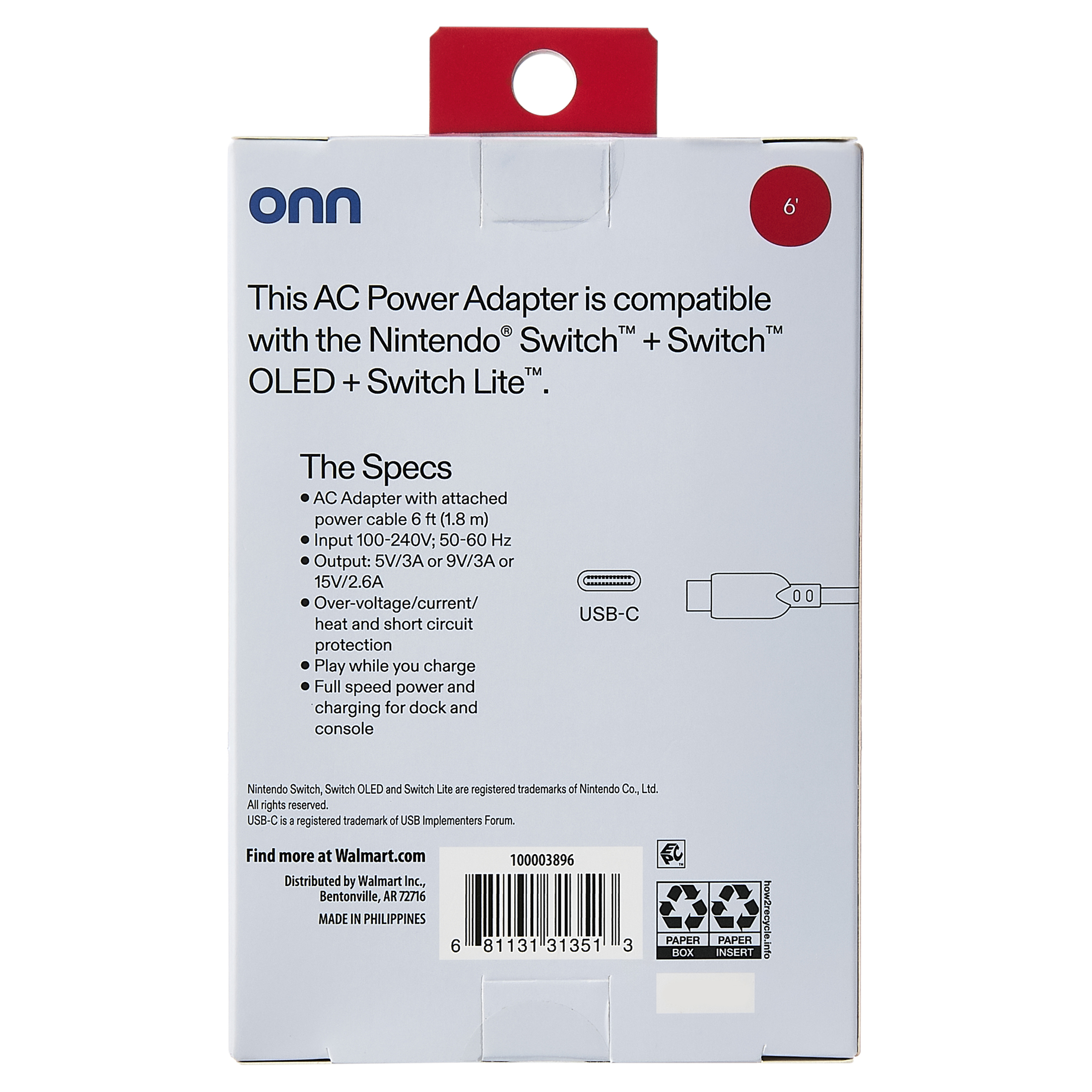 Adaptador de corriente CA onn para Nintendo Switch y Switch Lite, 1.8 m, negro 6
