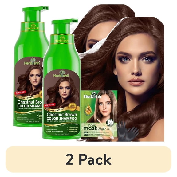 (2 pack) Herbishh Chestnut Brown Hair Dye Shampoo 500ml, Color Shampoo for Grey Hair, 3-in-1 Natural Hair Dye, Ammonia-Free Formula, Hair Color for Women & Men
