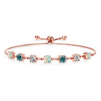 Gem Stone King 18K Rose Gold Plated Silver Lab Grown Diamond Tennis Bracelet for Women Cabochon Simulated Opal Blue Moissanite (2.51 Cttw, Fully Adjustable up to 9 inch)