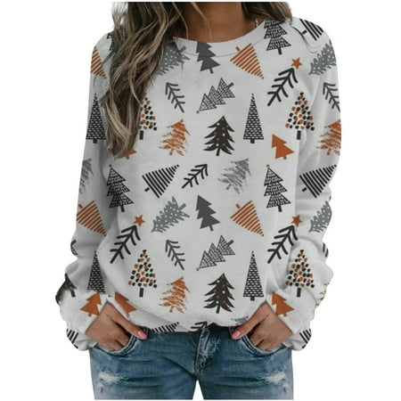 

jsaierl Women s Christmas Sweatshirts Long Sleeve Cute Elk Print Top Round Neck Sweatshirt Graphic Pullover Christmas Gifts for Women