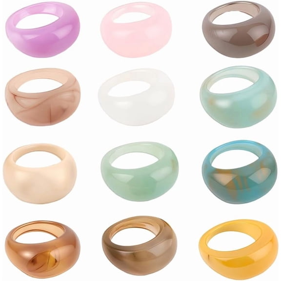12Pcs 12 Colors Thick Dome Ring Resin Chunky Rings 1.3 Wide Colorful Vintage Stackable Elegant Statement Aesthetic Finger Joint Jewelry Set