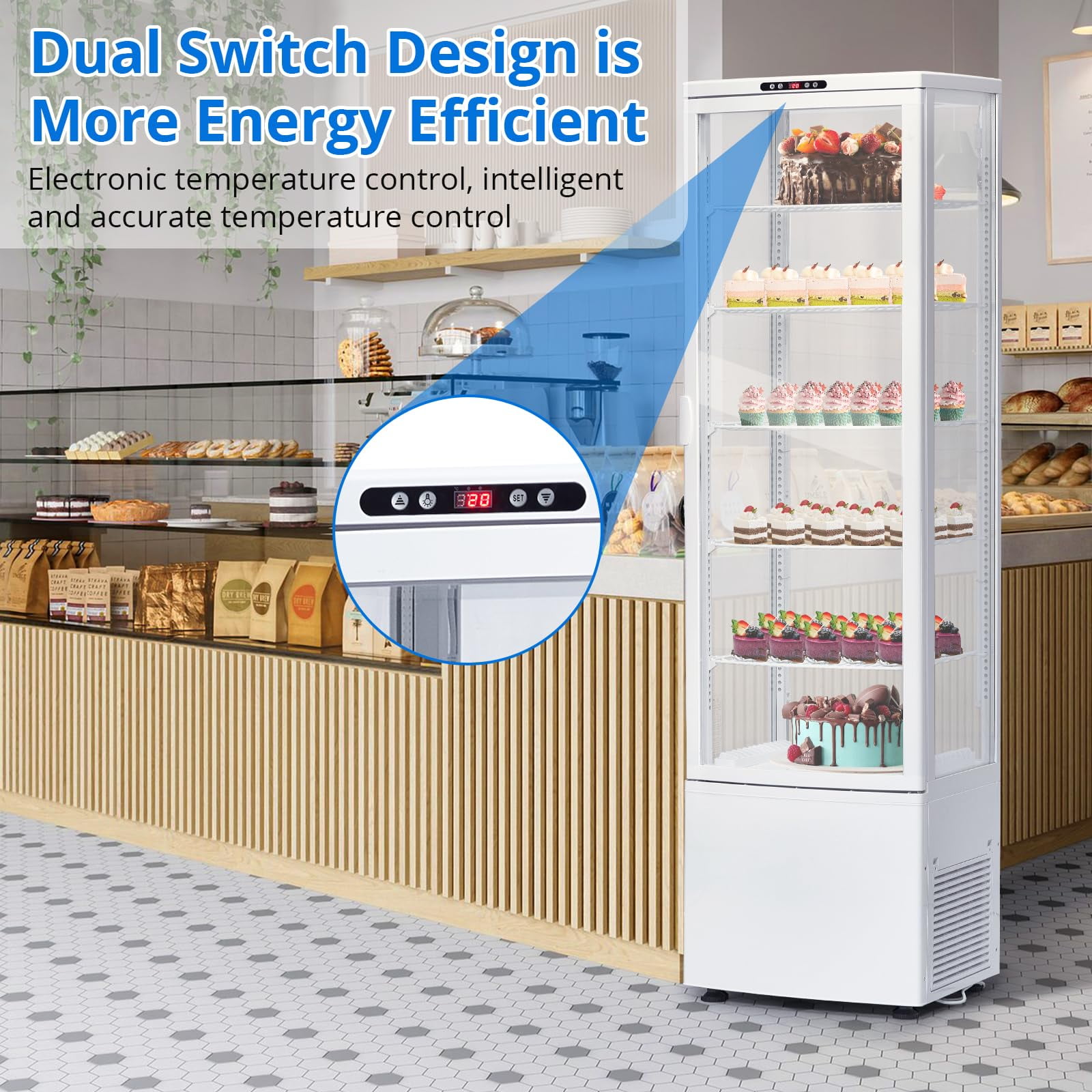 Litake Commercial Refrigerator Display Case, 10.9 Cu.FT Single-Door Countertop Pastry Display Case with Interior LED Lighting, Double-Layered Glass, Countertop/Floor Refrigerator, 110v