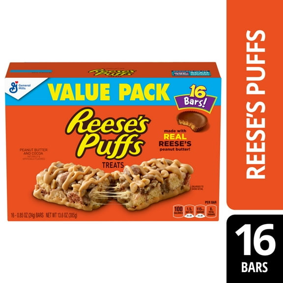 REESE'S Puffs Cereal Treat Bars, Peanut Butter and Cocoa, Value Pack, 16 Ct, 13.6 oz