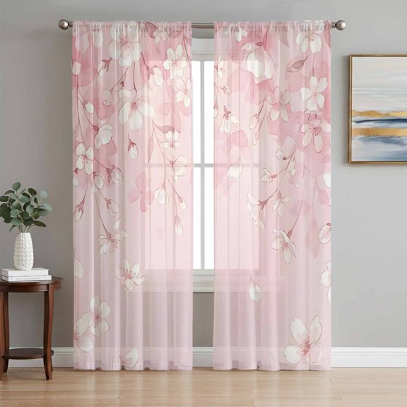 Pink Cherry Blossom Sheer Curtains 108 Inch Length 2 Panels Set, Spring Modern Farmhouse Floral Voile Window Treatment Semi Sheer Long Curtains Drapes for Bedroom/Living Room/Kitchen 52"x108"x2