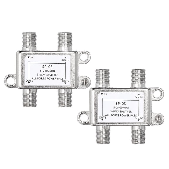Uxcell 2Pcs Divisor de Cable Coaxial de 3 Vías, Conector Tipo F de 5-2400 MHz, Distribuidor de Señal de Baja Pérdida para TV, Antena de Satélite, Módem, Teatro en Casa, HDTV, CATV, Tono Plateado