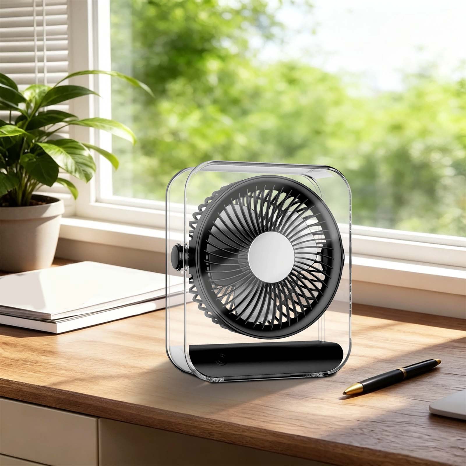 YardChic 1Pc Portable Desk Fan, Transparent USB Rechargeable Desk Fan, Ultra Quiet Battery Powered Table Fan, Rechargeable Air Circulator Fan for Bedroom Cooling, Dorm, Home, Kitchen